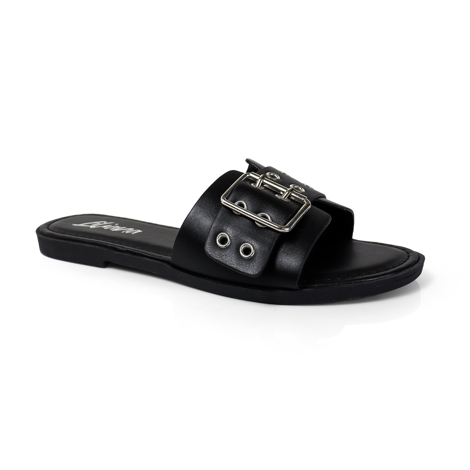 WADE-5 BELT EYELET BUCKLED STRAP SLIDE ON SANDALS BLACK