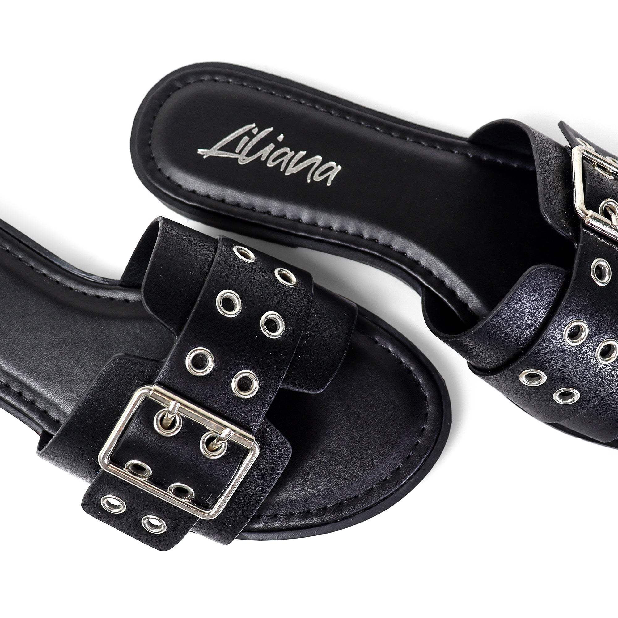 WADE-5 BELT EYELET BUCKLED STRAP SLIDE ON SANDALS BLACK