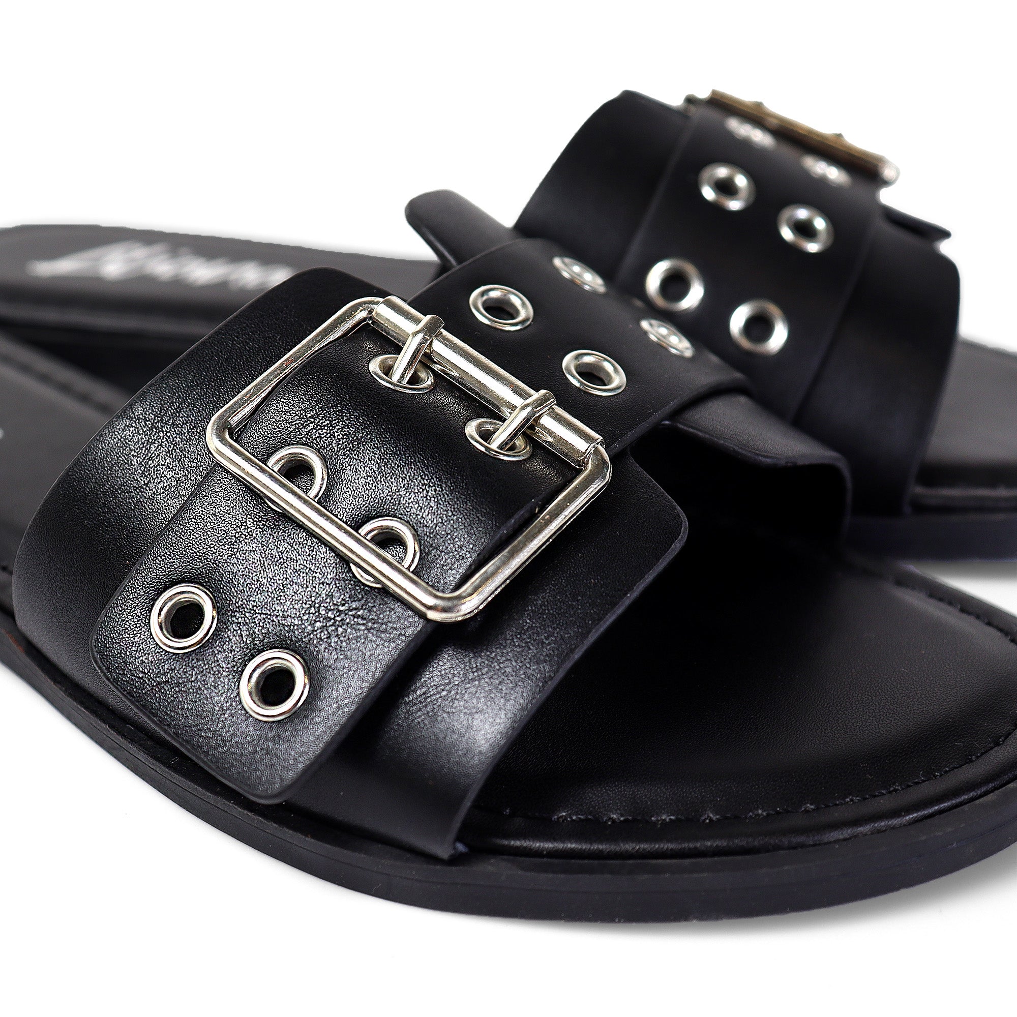 WADE-5 BELT EYELET BUCKLED STRAP SLIDE ON SANDALS BLACK