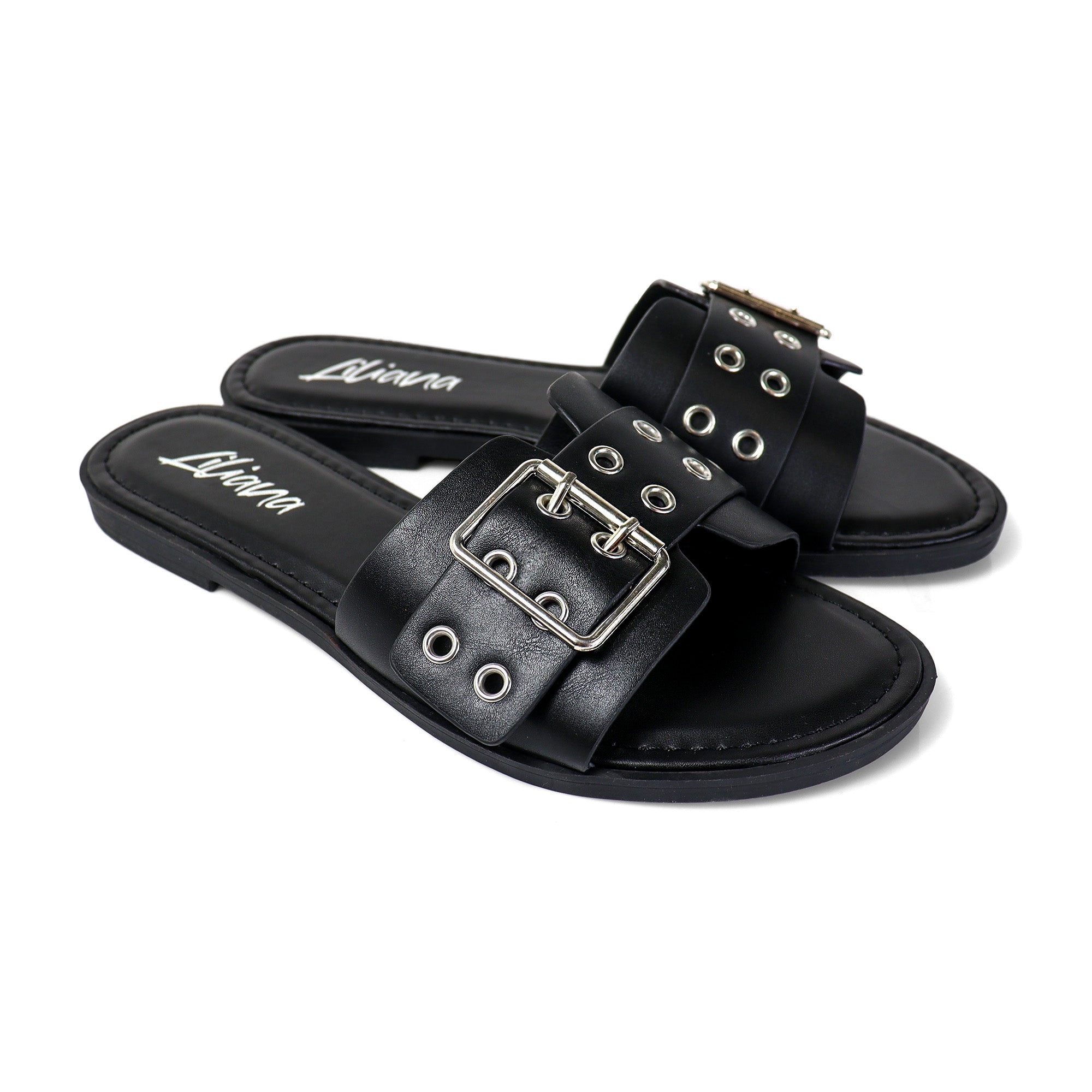WADE-5 BELT EYELET BUCKLED STRAP SLIDE ON SANDALS BLACK