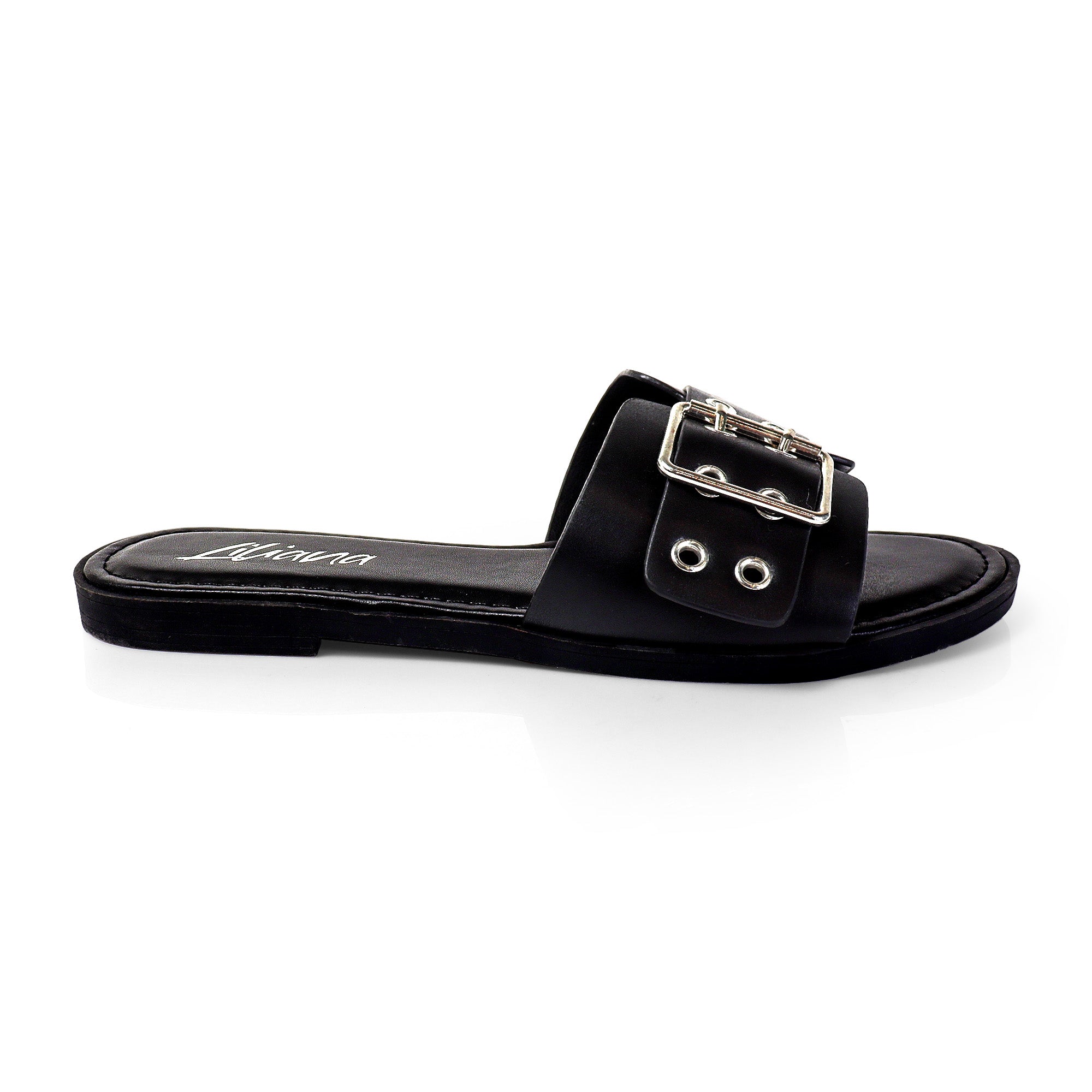 WADE-5 BELT EYELET BUCKLED STRAP SLIDE ON SANDALS BLACK