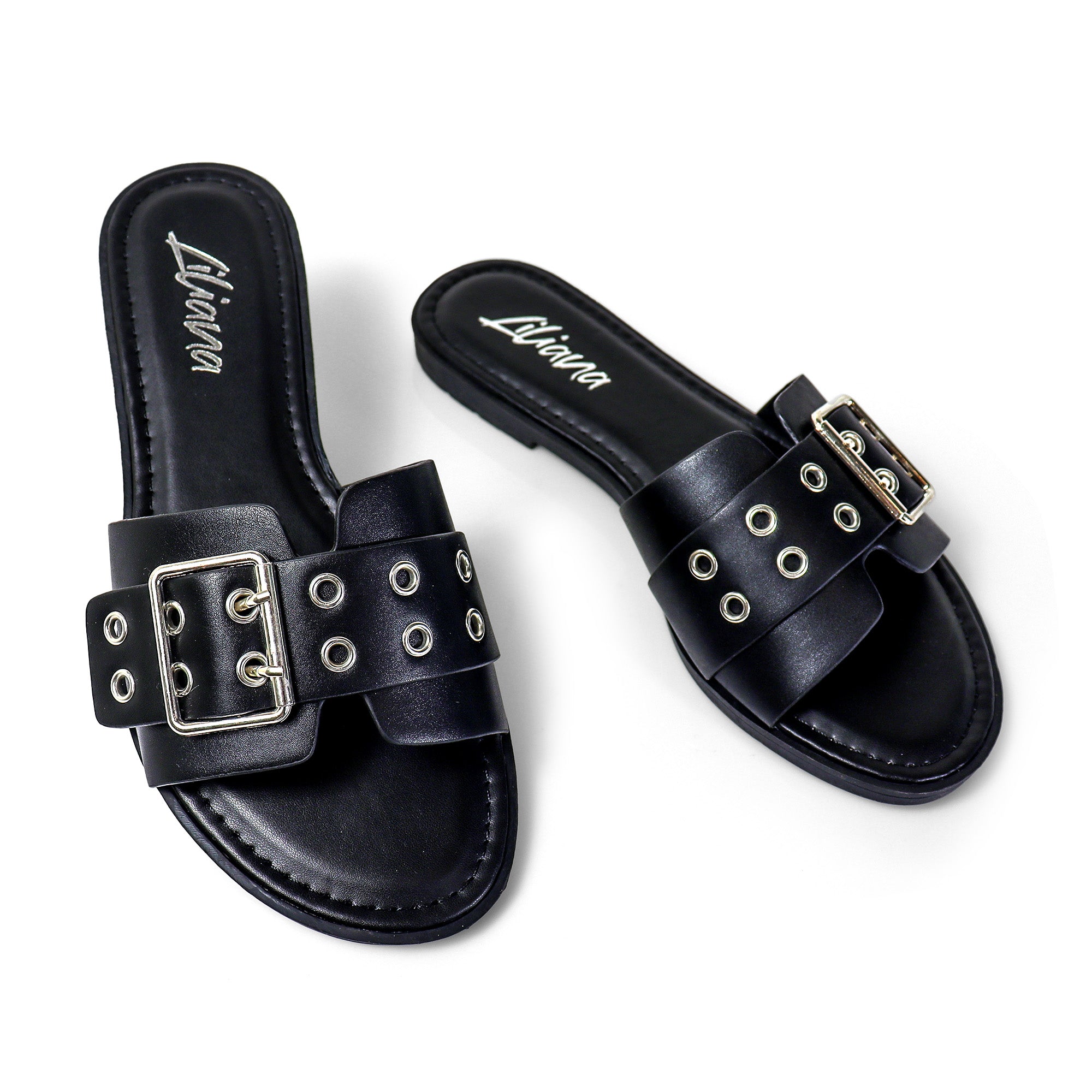 WADE-5 BELT EYELET BUCKLED STRAP SLIDE ON SANDALS BLACK