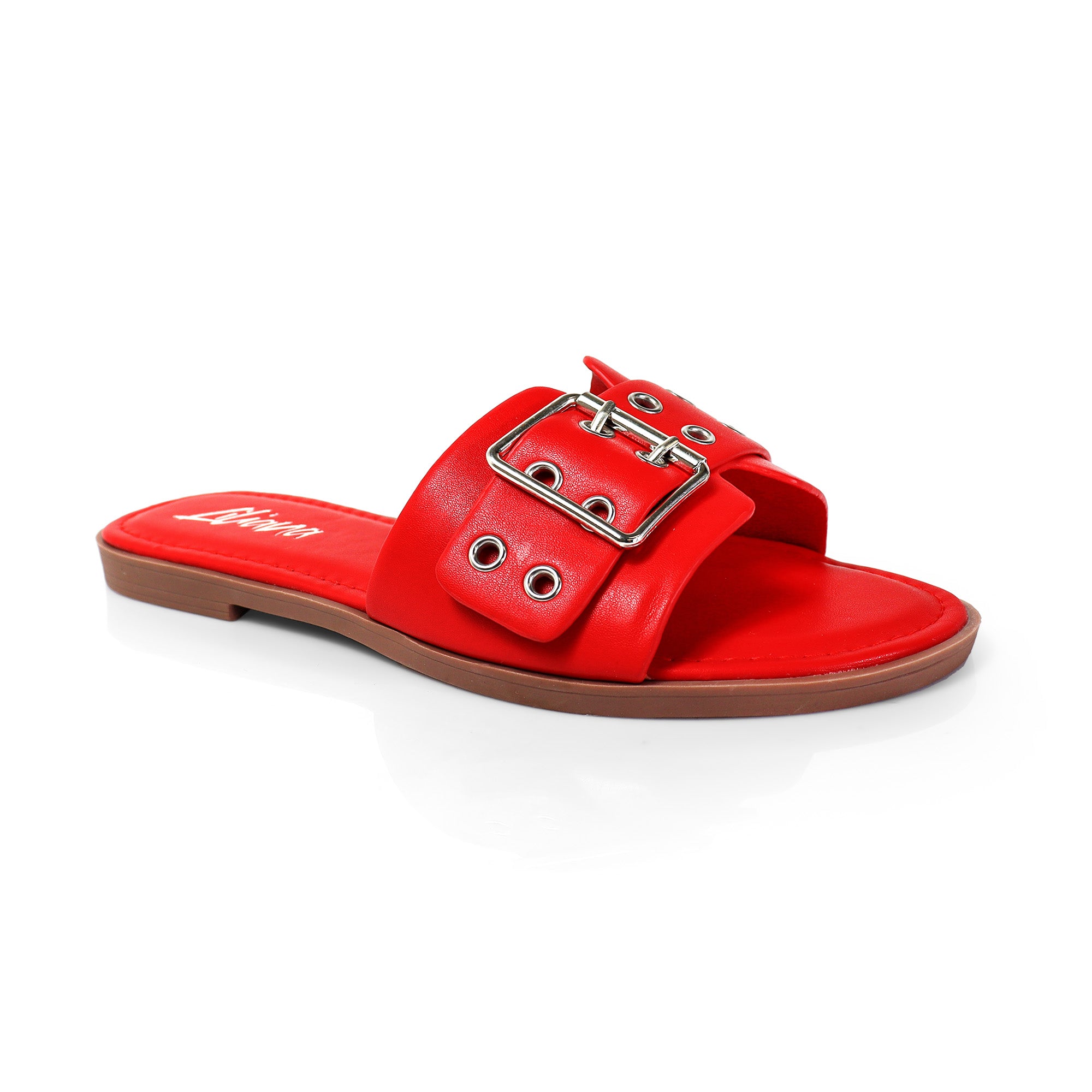 WADE-5 BELT EYELET BUCKLED STRAP SLIDE ON SANDALS RED