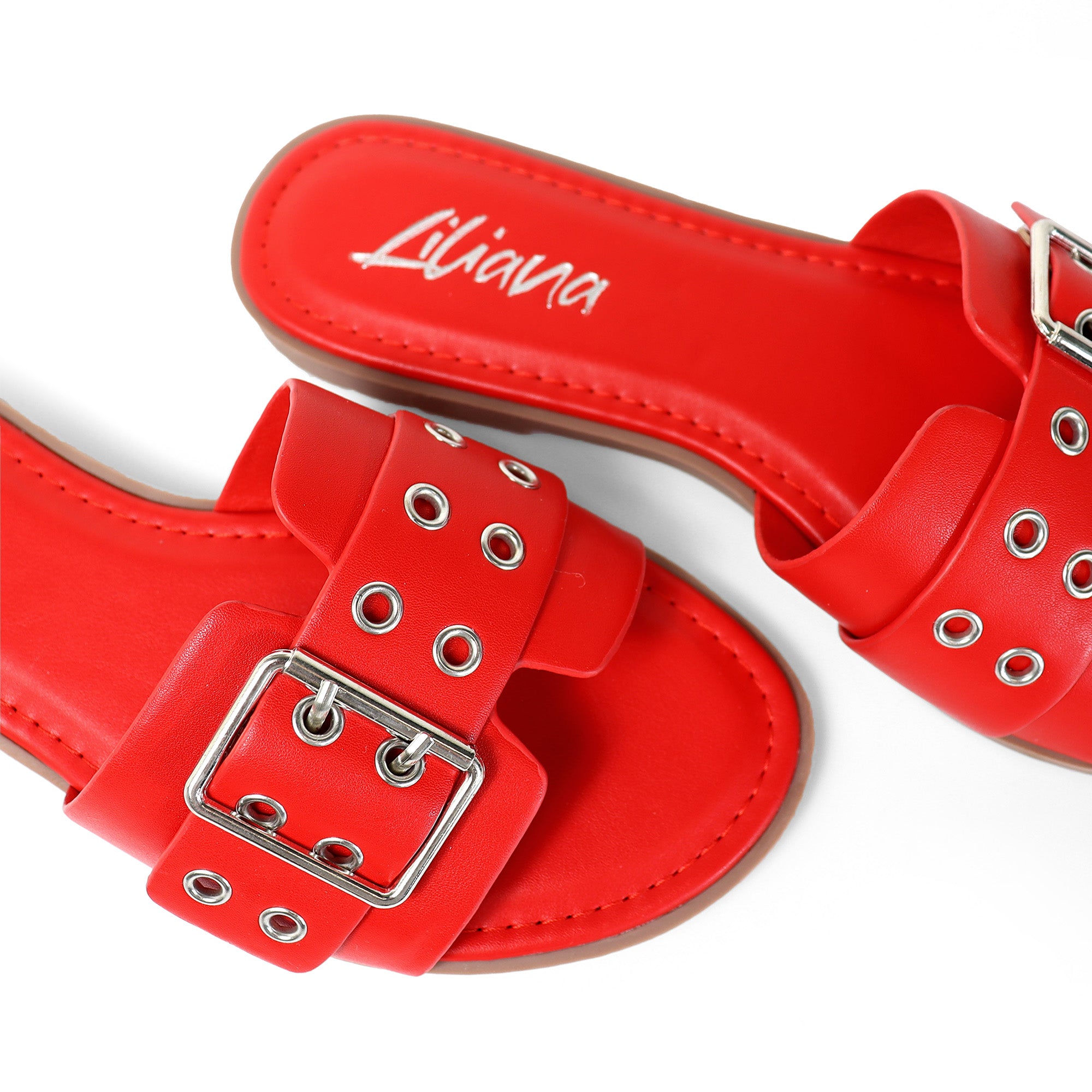 WADE-5 BELT EYELET BUCKLED STRAP SLIDE ON SANDALS RED