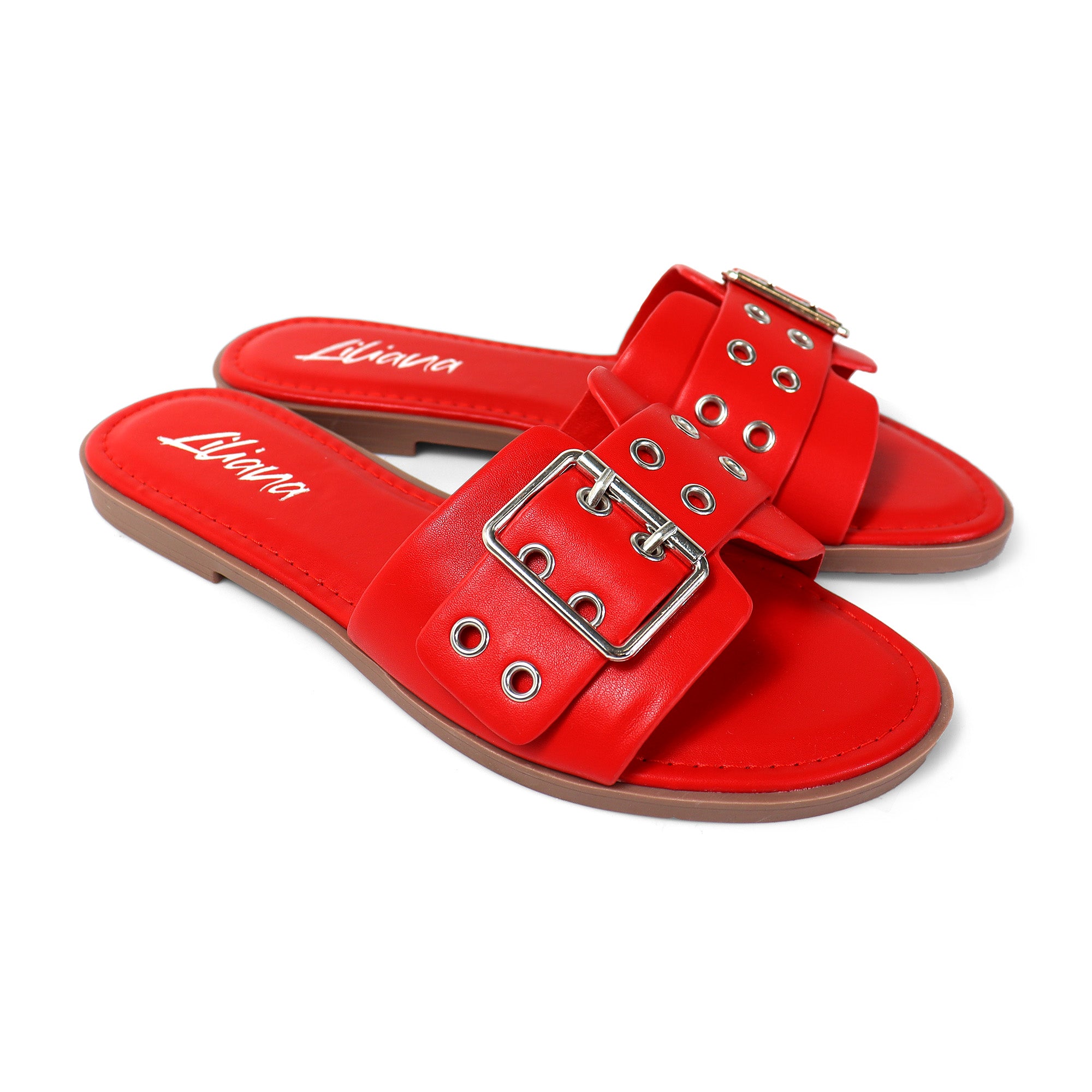 WADE-5 BELT EYELET BUCKLED STRAP SLIDE ON SANDALS RED