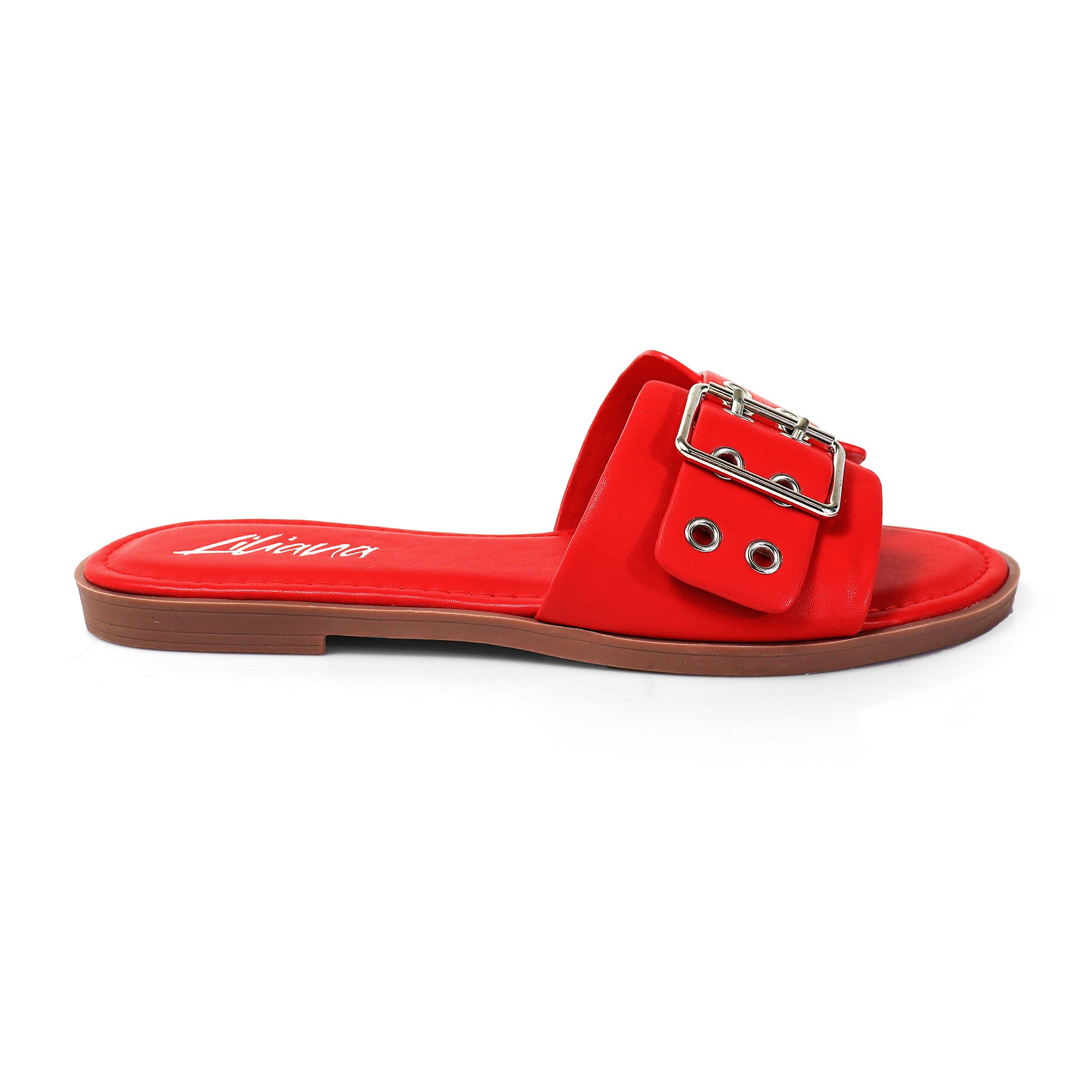 WADE-5 BELT EYELET BUCKLED STRAP SLIDE ON SANDALS RED