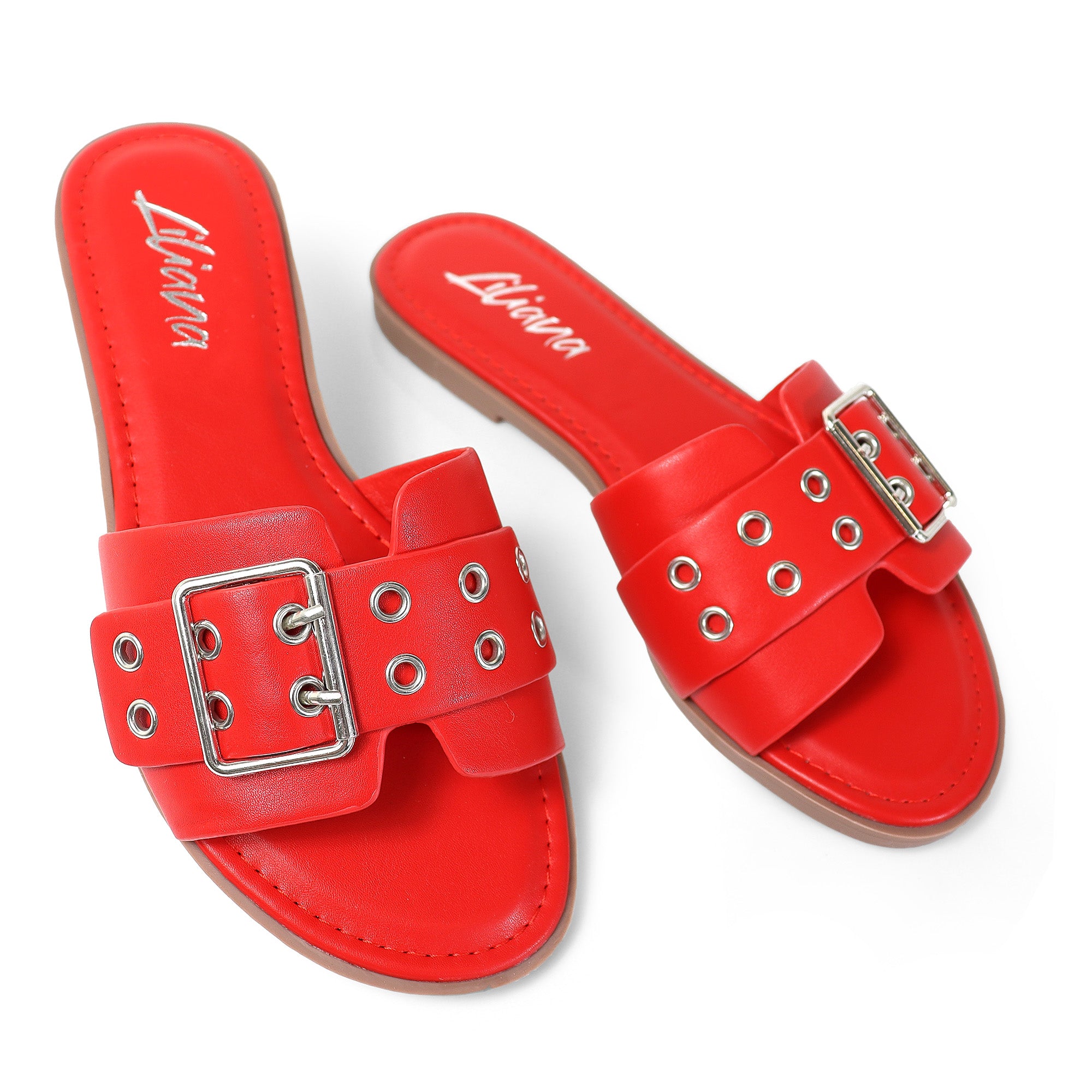 WADE-5 BELT EYELET BUCKLED STRAP SLIDE ON SANDALS RED