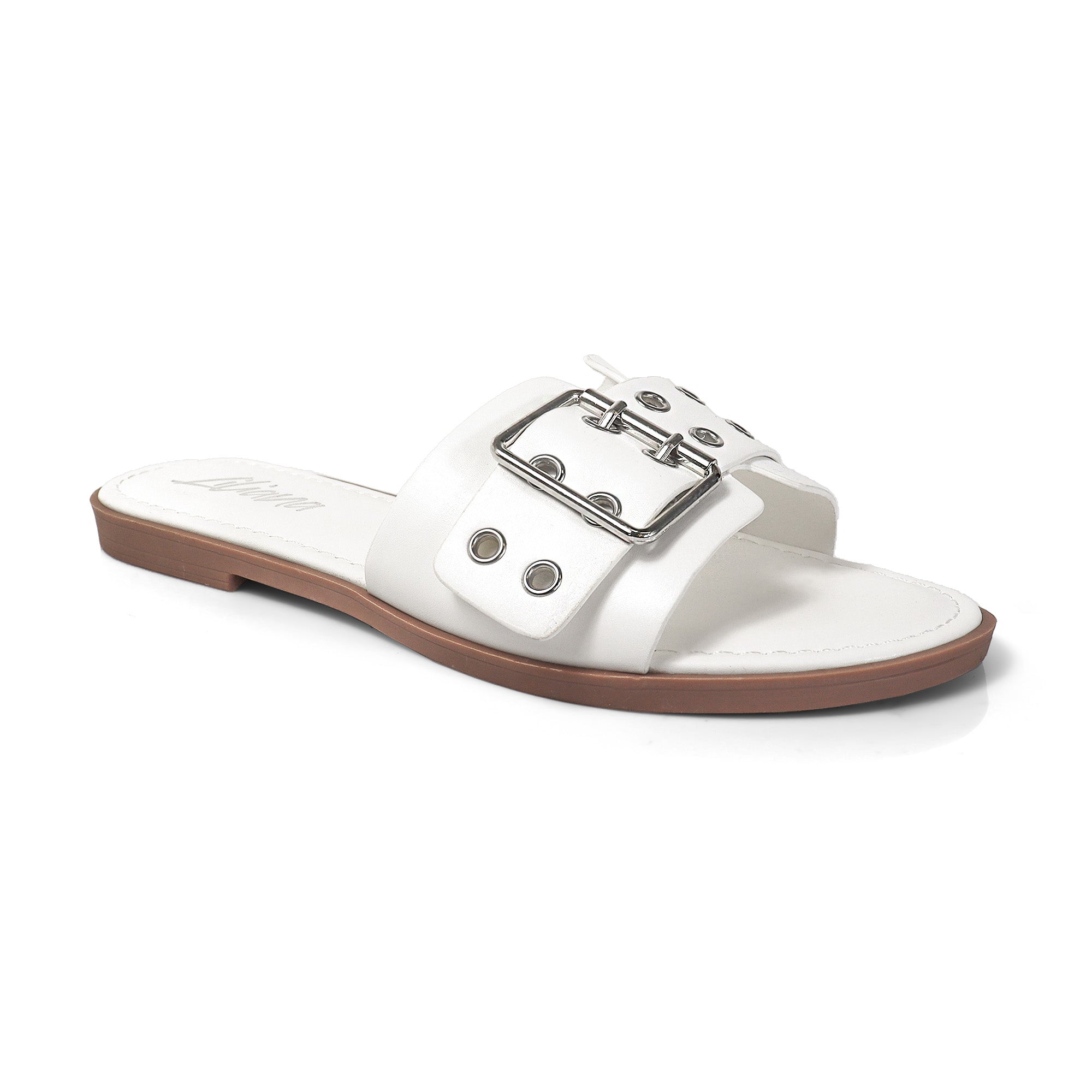 WADE-5 BELT EYELET BUCKLED STRAP SLIDE ON SANDALS WHITE