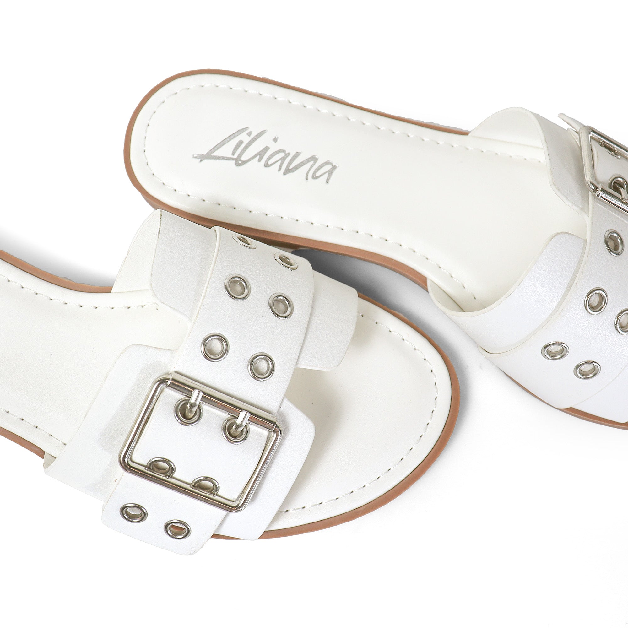 WADE-5 BELT EYELET BUCKLED STRAP SLIDE ON SANDALS WHITE