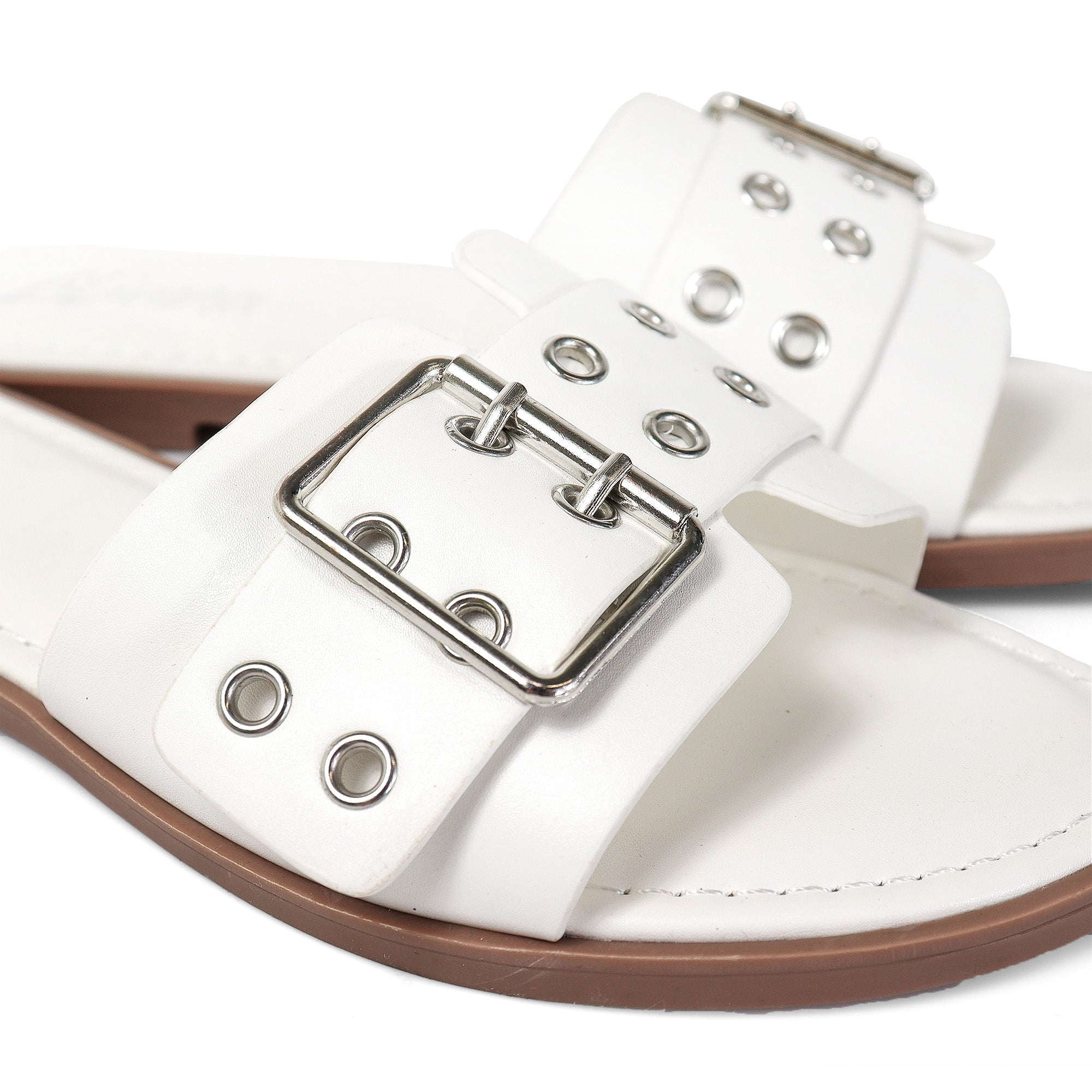 WADE-5 BELT EYELET BUCKLED STRAP SLIDE ON SANDALS WHITE
