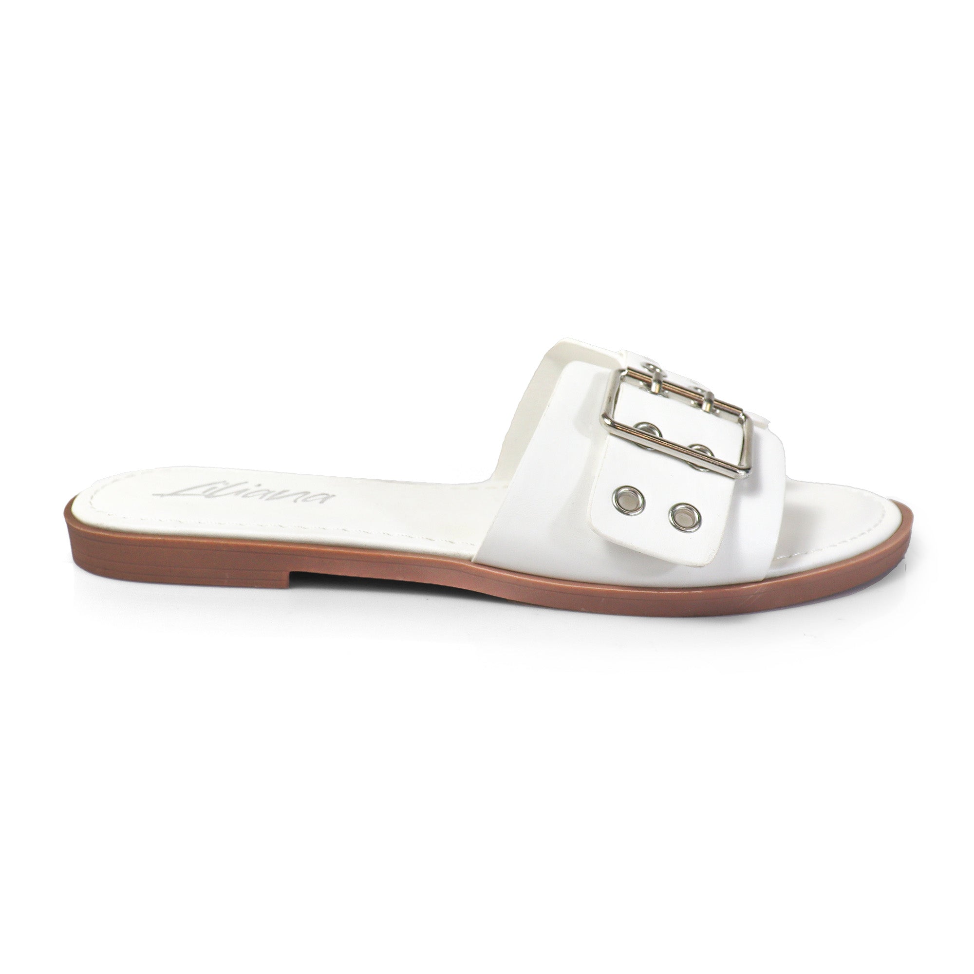 WADE-5 BELT EYELET BUCKLED STRAP SLIDE ON SANDALS WHITE