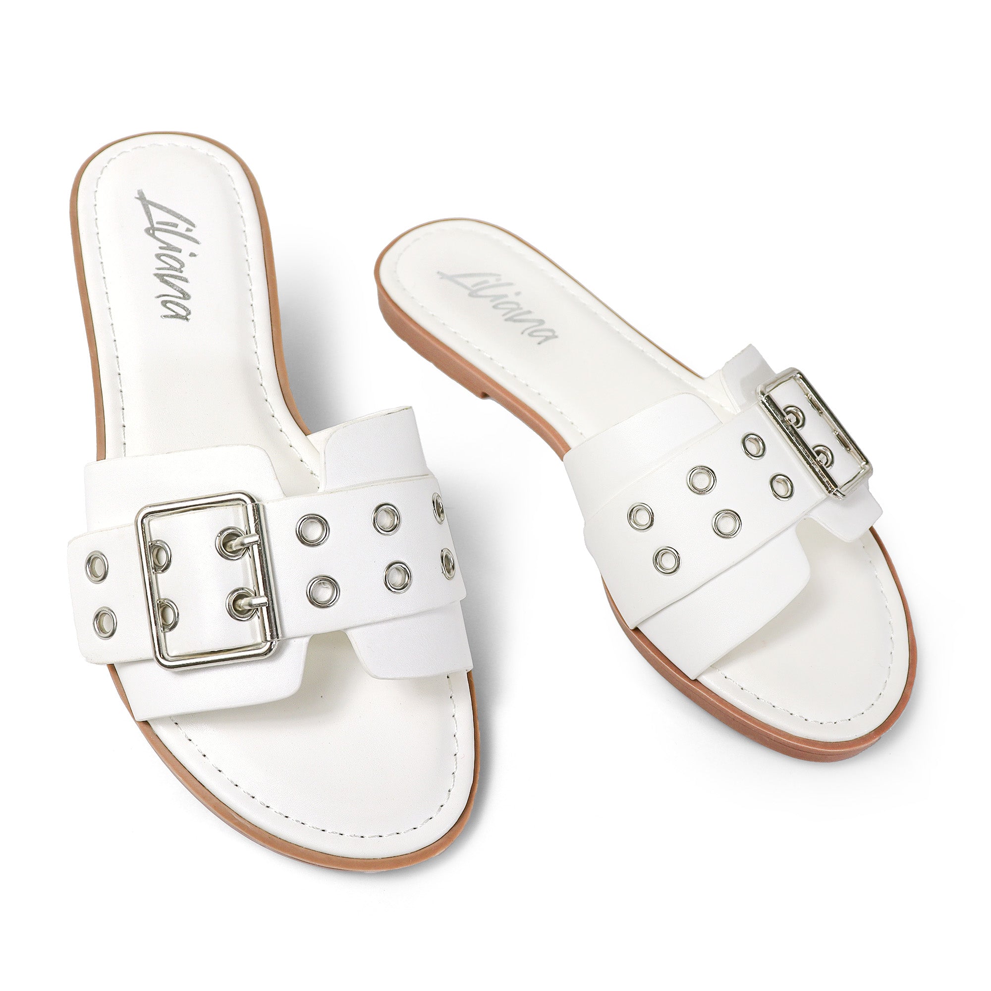 WADE-5 BELT EYELET BUCKLED STRAP SLIDE ON SANDALS WHITE