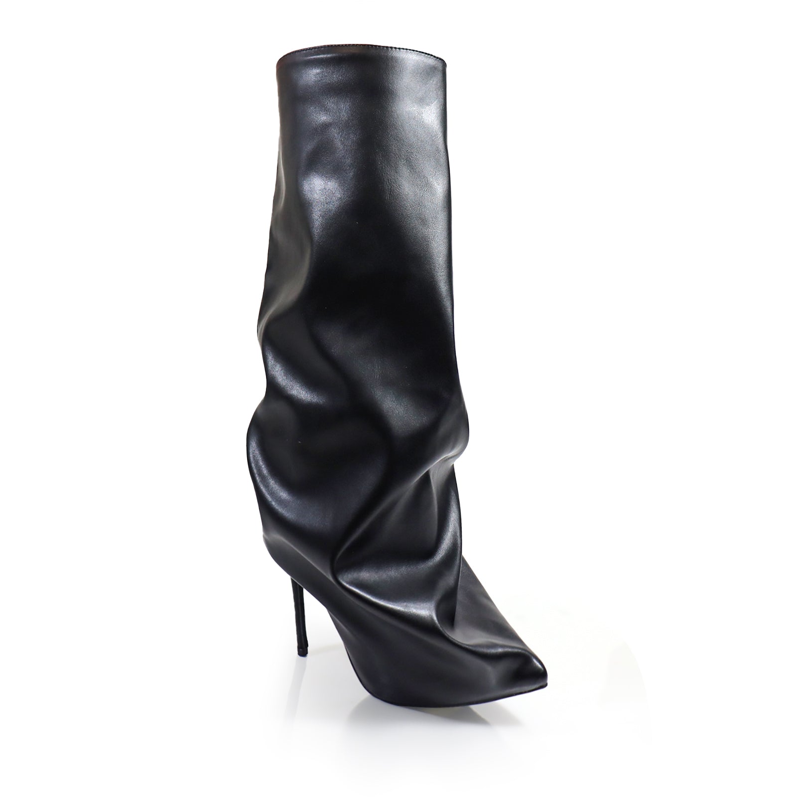 WANKA-1 POINTED TOE KNEE HIGH SLASH FLARE BOOTS W/ STILETTO HEEL BLACK