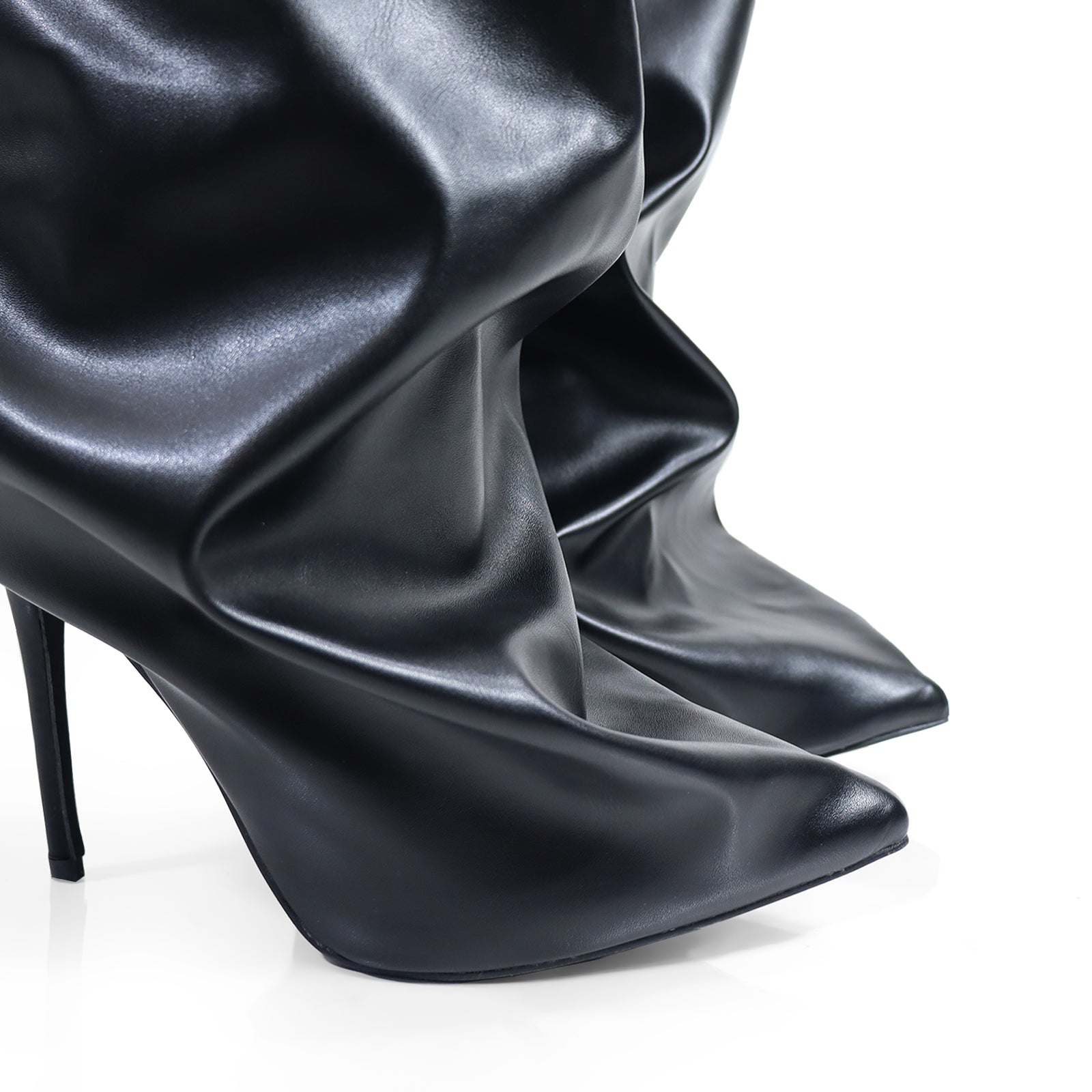 WANKA-1 POINTED TOE KNEE HIGH SLASH FLARE BOOTS W/ STILETTO HEEL BLACK