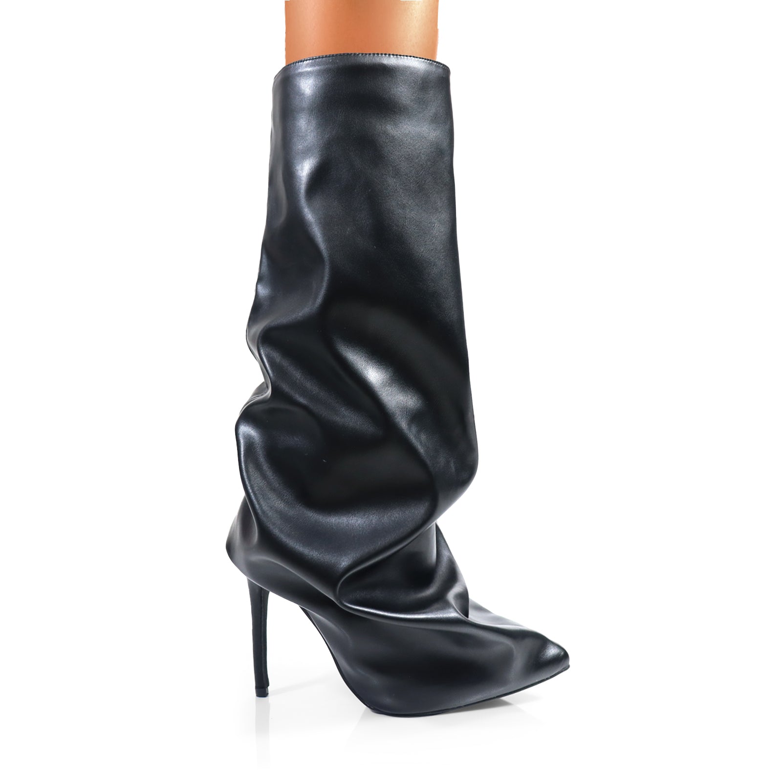 WANKA-1 POINTED TOE KNEE HIGH SLASH FLARE BOOTS W/ STILETTO HEEL BLACK