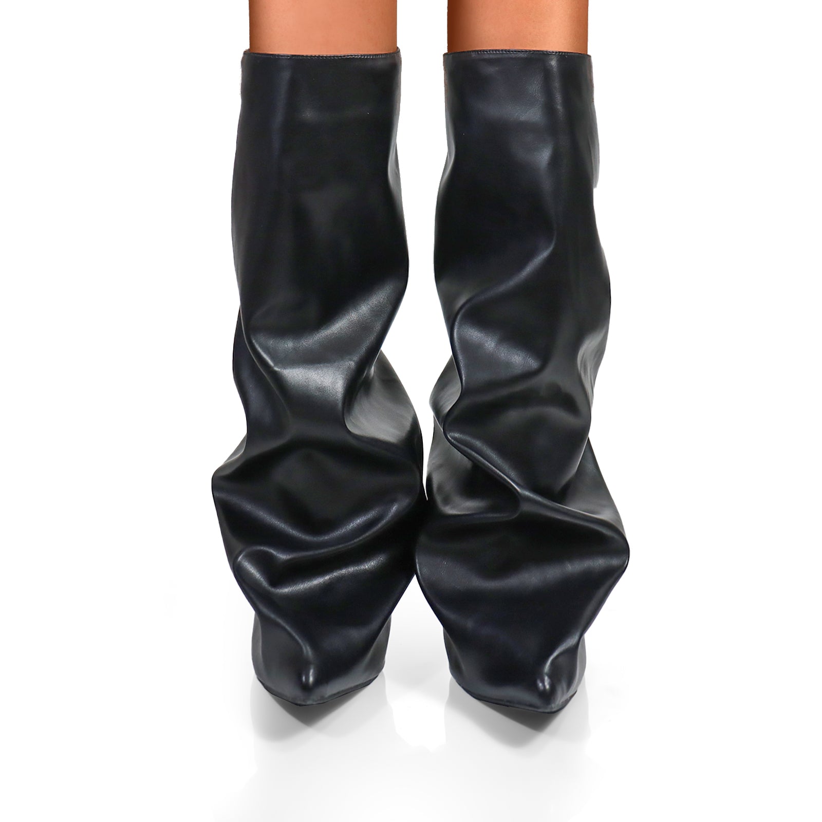 WANKA-1 POINTED TOE KNEE HIGH SLASH FLARE BOOTS W/ STILETTO HEEL BLACK
