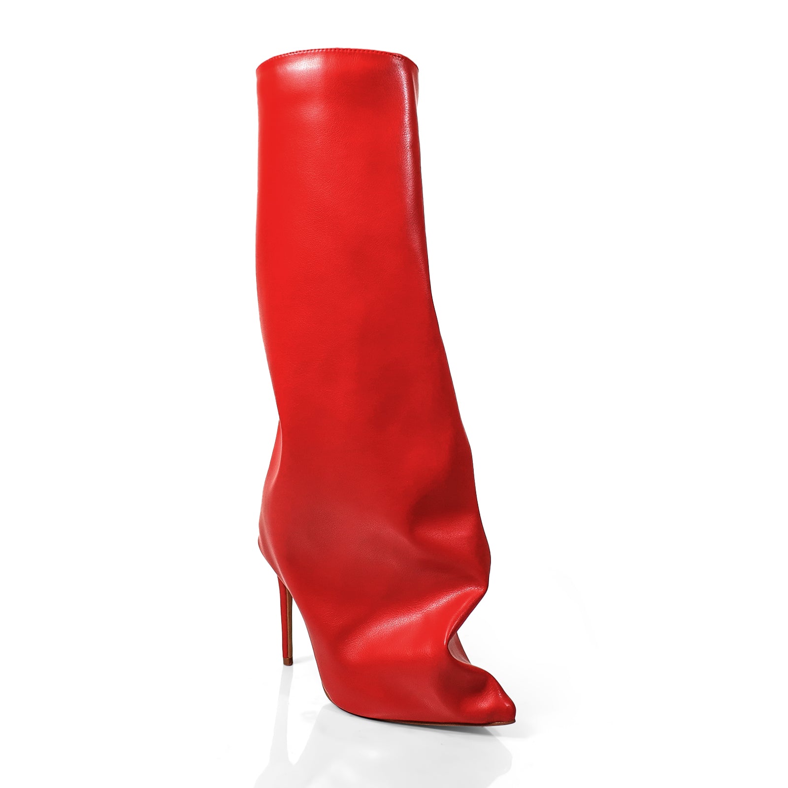 WANKA-1 POINTED TOE KNEE HIGH SLASH FLARE BOOTS W/ STILETTO HEEL RED