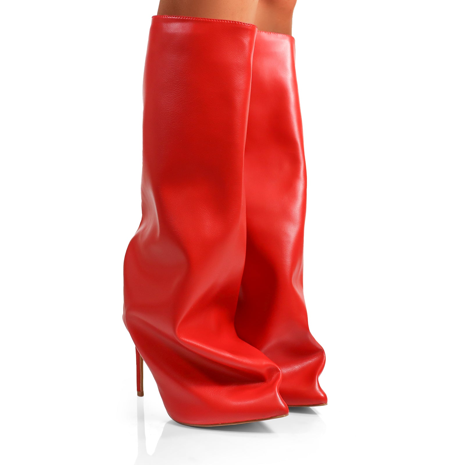 WANKA-1 POINTED TOE KNEE HIGH SLASH FLARE BOOTS W/ STILETTO HEEL RED