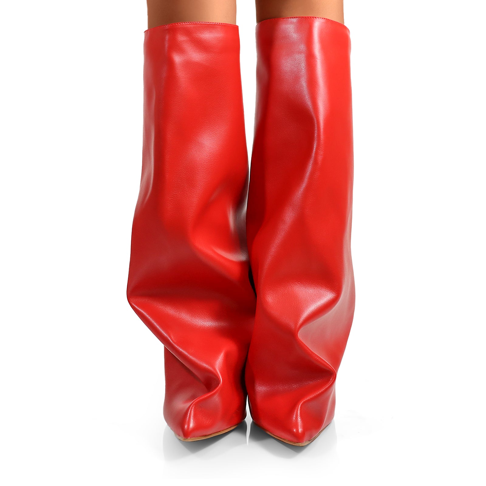 WANKA-1 POINTED TOE KNEE HIGH SLASH FLARE BOOTS W/ STILETTO HEEL RED