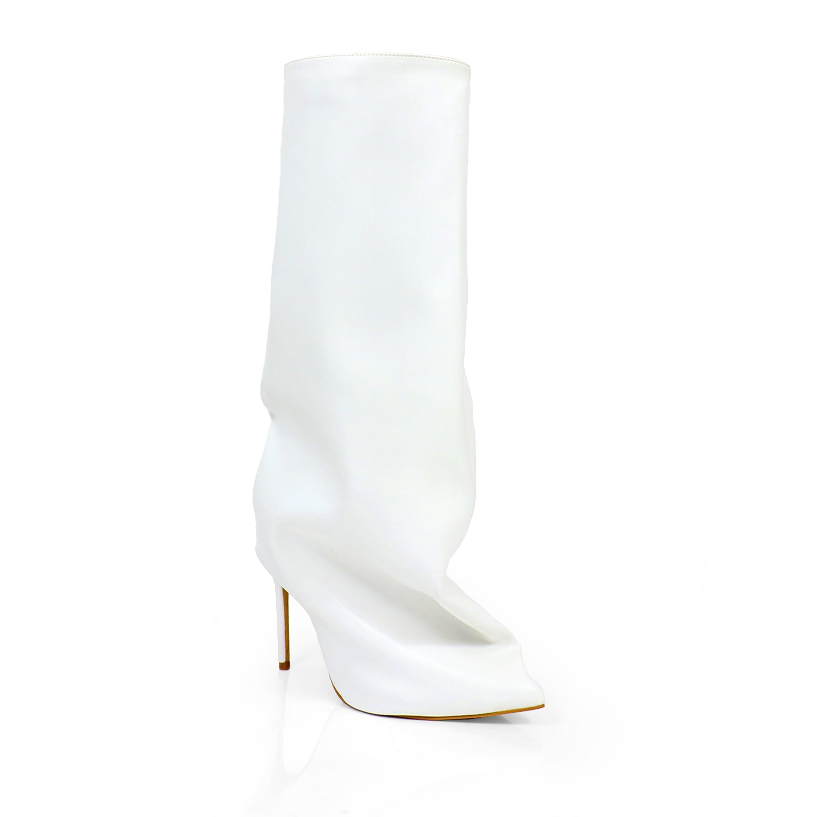 WANKA-1 POINTED TOE KNEE HIGH SLASH FLARE BOOTS W/ STILETTO HEEL WHITE
