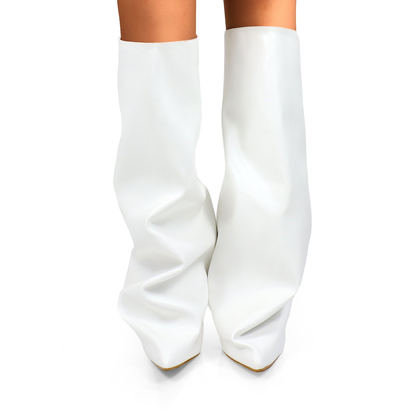 WANKA-1 POINTED TOE KNEE HIGH SLASH FLARE BOOTS W/ STILETTO HEEL WHITE