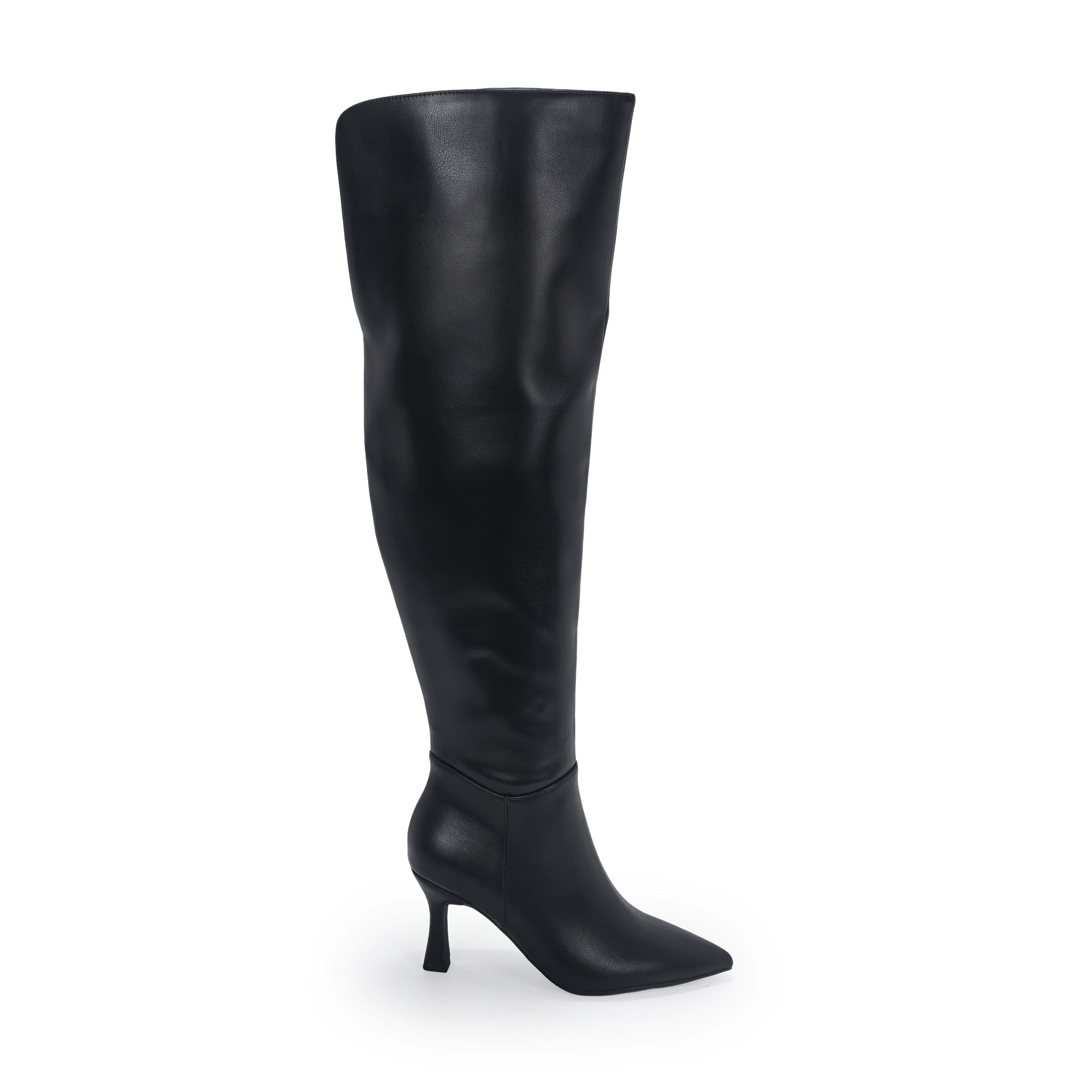 WATCHING-1 KNEE HIGH BOOTS W/ HEEL BLACK PU