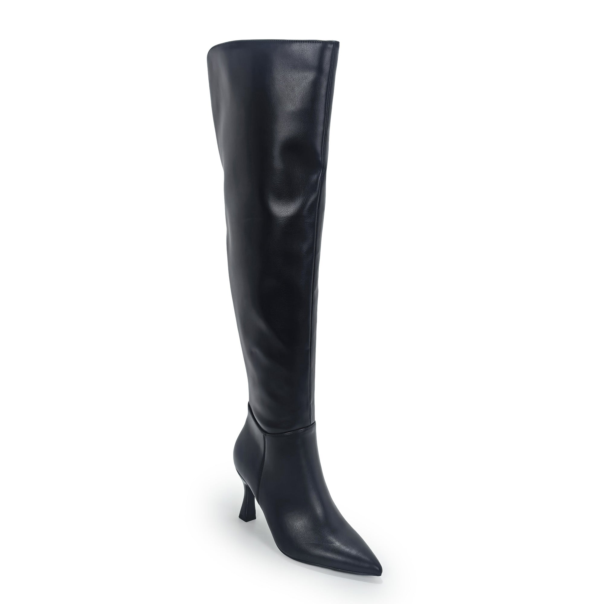 WATCHING-1 KNEE HIGH BOOTS W/ HEEL BLACK PU