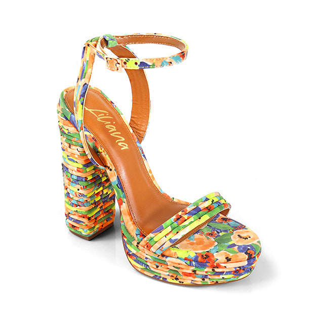 YUKO-100 ROUND TOE ANKLE STRAP BUCKLE W/ LAYERE FLORAL