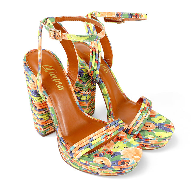 YUKO-100 ROUND TOE ANKLE STRAP BUCKLE W/ LAYERE FLORAL