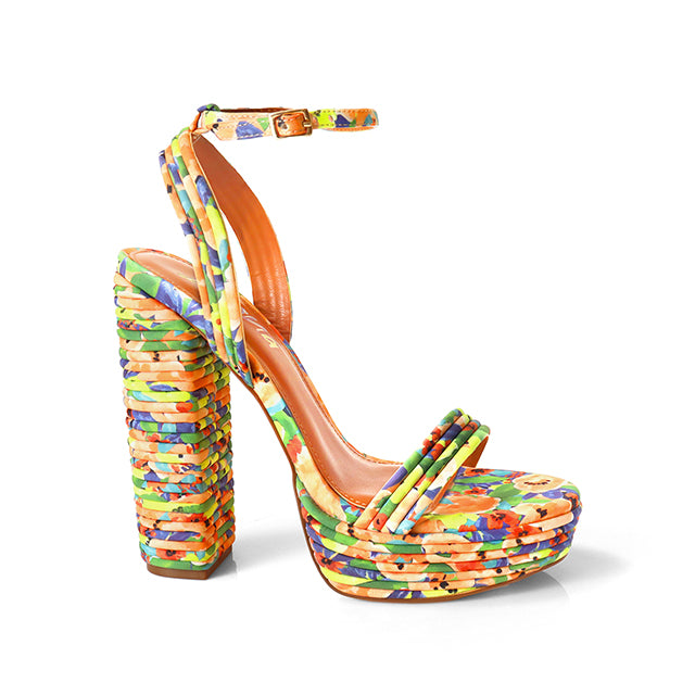 YUKO-100 ROUND TOE ANKLE STRAP BUCKLE W/ LAYERE FLORAL
