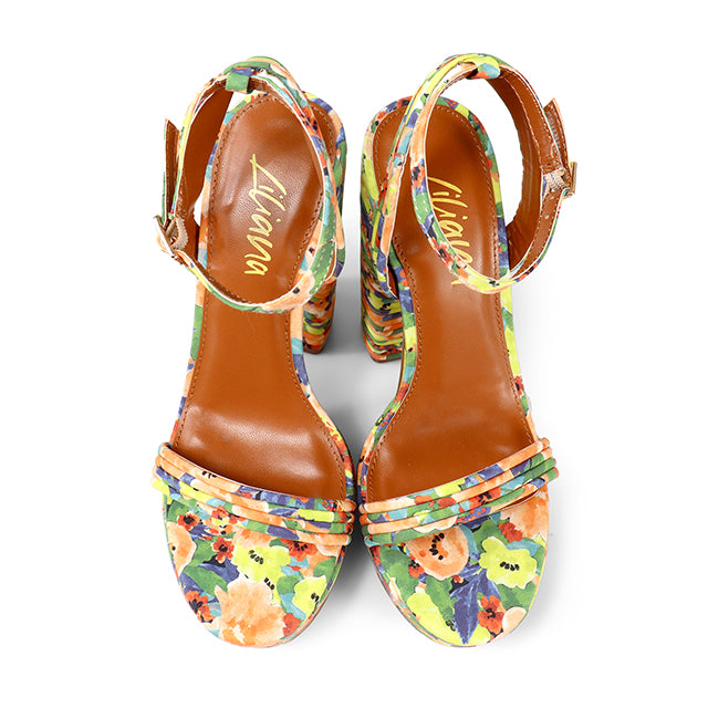 YUKO-100 ROUND TOE ANKLE STRAP BUCKLE W/ LAYERE FLORAL
