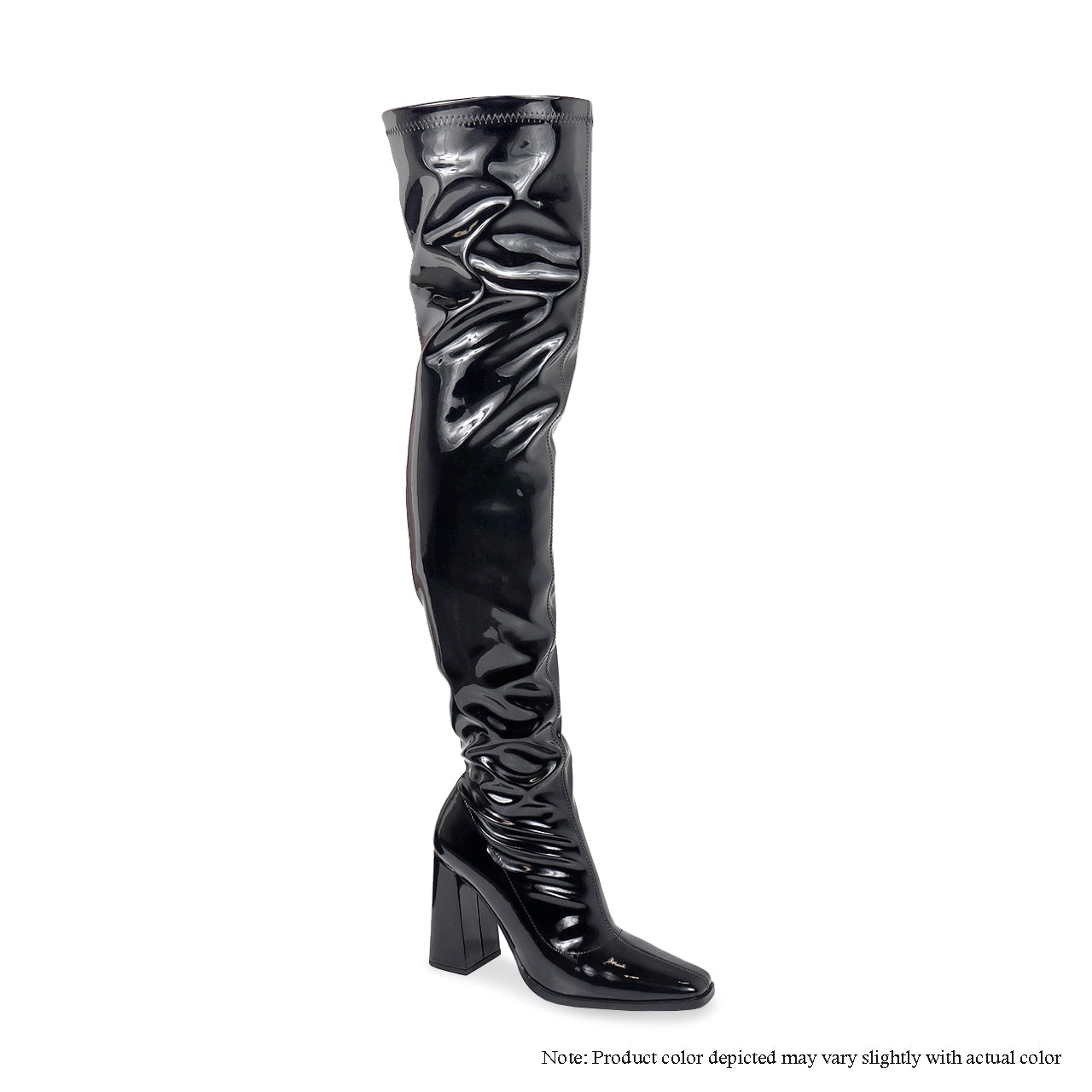 ALEX-3 SUBTLE SQUARE TOE MID CHUNKY HEEL THIGH HIGH BOOTS-BLACK PATENT - Liliana Shoes