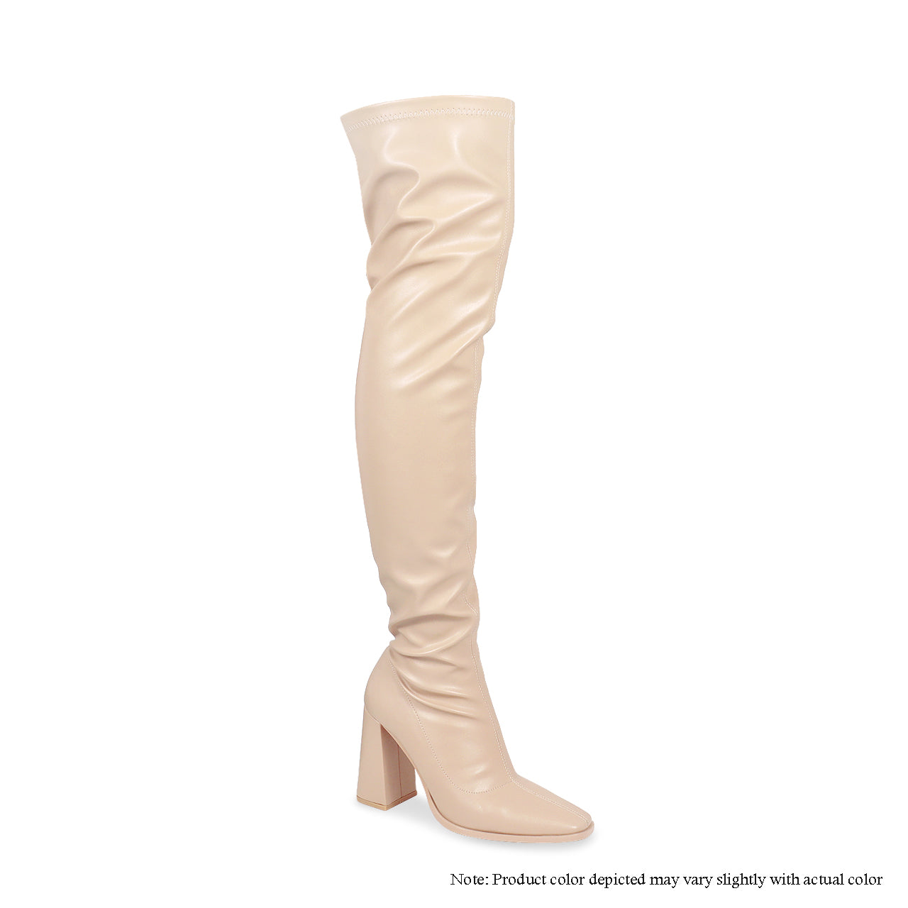 ALEX-3 SUBTLE SQUARE TOE MID CHUNKY HEEL THIGH HIGH BOOTS -NUDE PU - Liliana Shoes