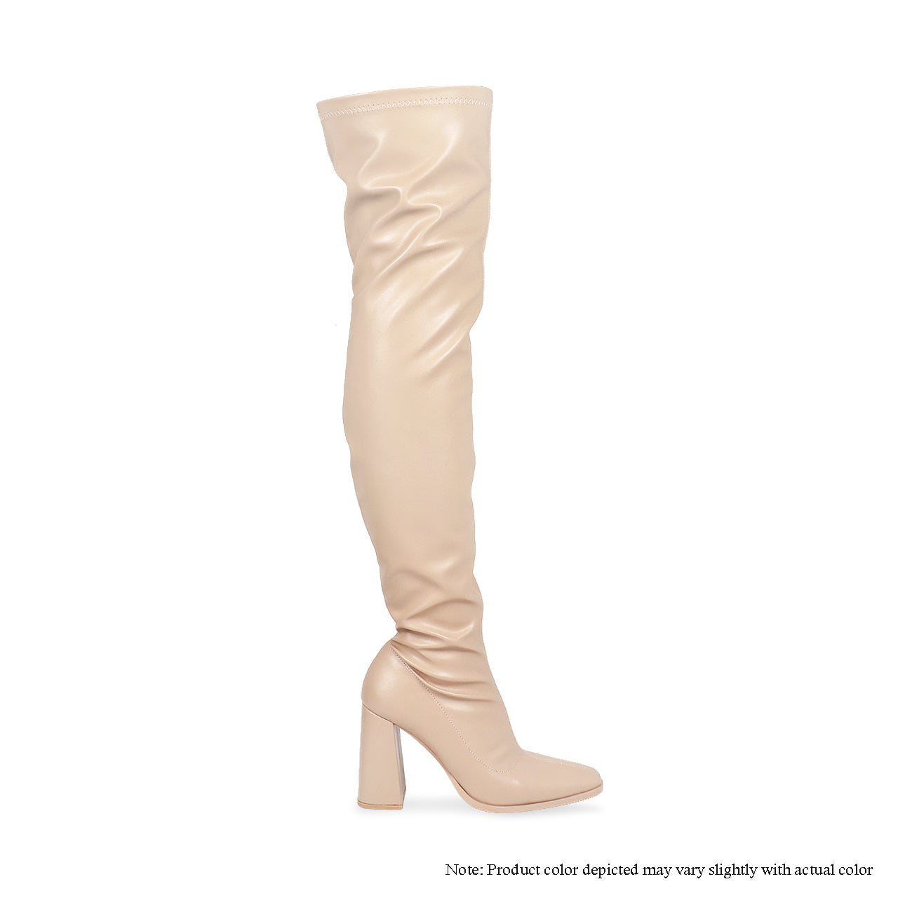 ALEX-3 SUBTLE SQUARE TOE MID CHUNKY HEEL THIGH HIGH BOOTS -NUDE PU - Liliana Shoes