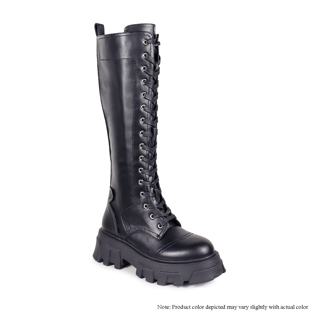 JAQUE-2 POLYURETHANE THIGH HIGH LACE-UP COMBAT BOOTS-BLACK - Liliana Shoes