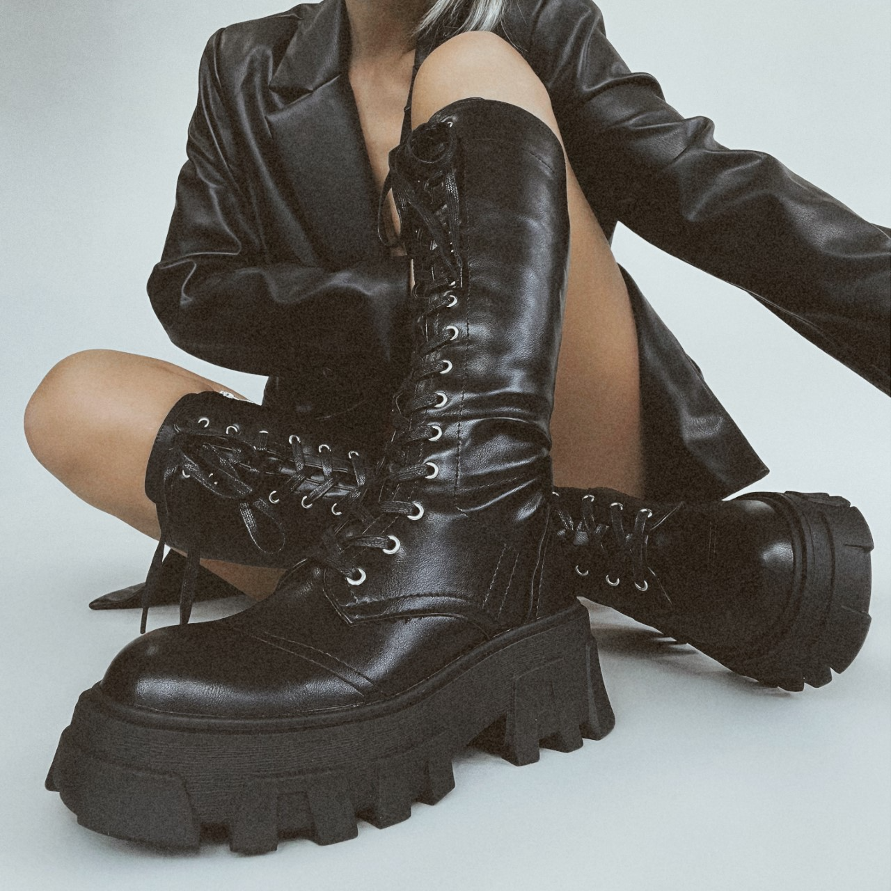 JAQUE-2 POLYURETHANE THIGH HIGH LACE-UP COMBAT BOOTS-BLACK - Liliana Shoes