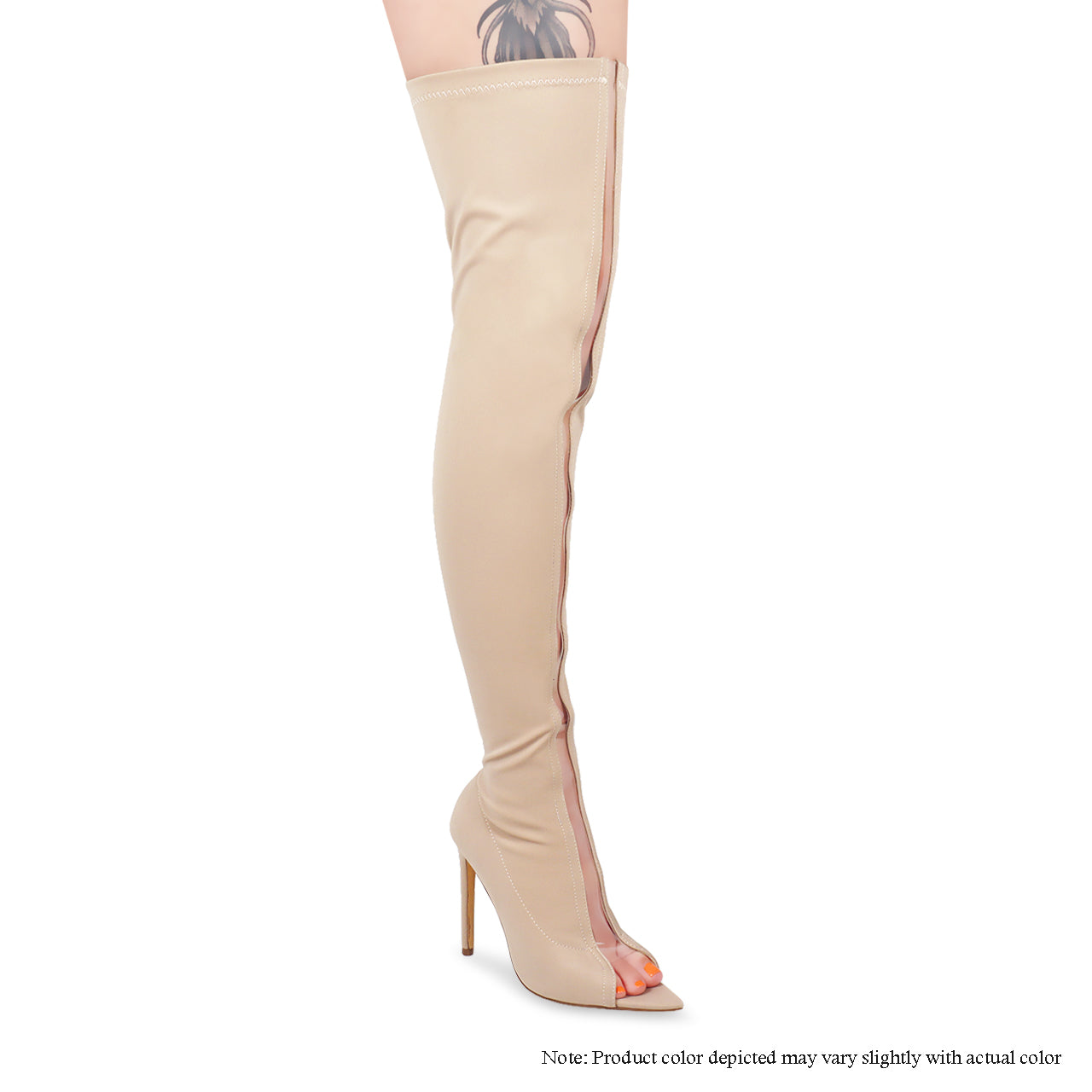 LAURENT-63 LYCAR OPEN TOE KNEE HIGH BOOTS-NUDE - Liliana Shoes