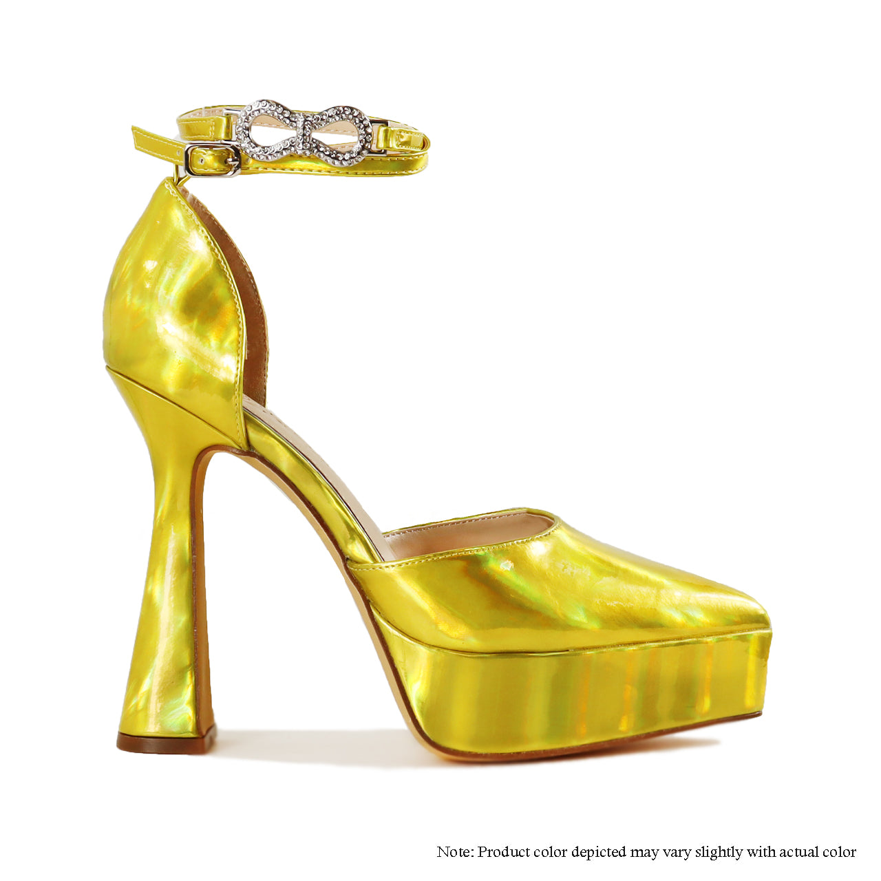 MAQUEE-1 POINTED PLATFORM FLARE HEEL W/ RHINESTONE BOW -YELLOW HOLOGRAM - Liliana Shoes