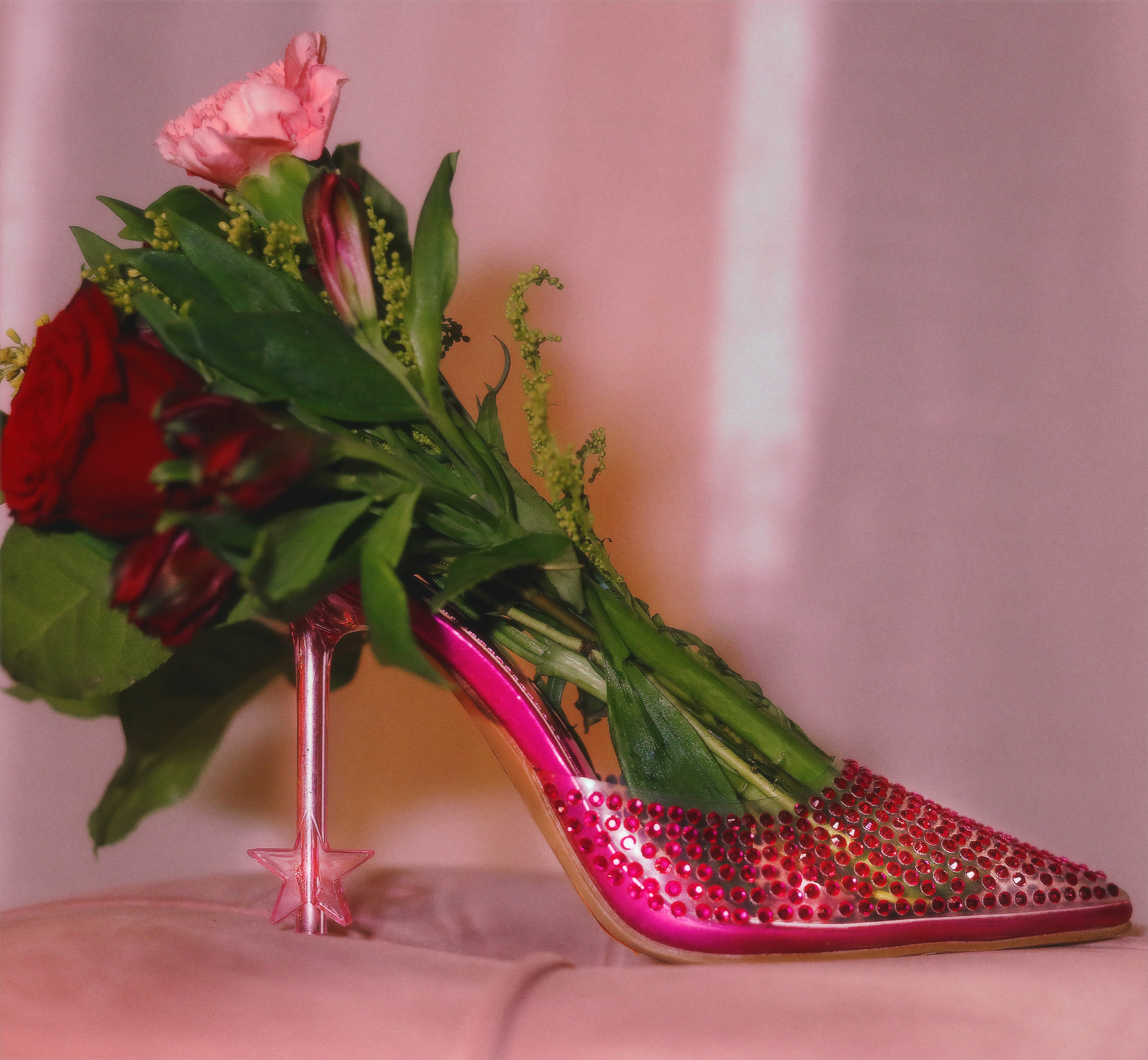 STARDOM-1 POINTED ALL RHINESTONE MULE W/ STAR STILETTO HEEL-PINK - Liliana Shoes